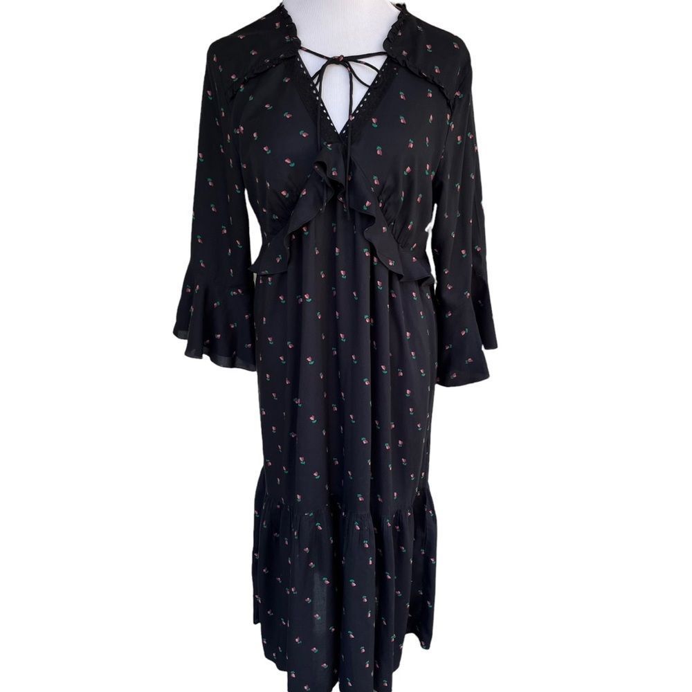 Loft Black Floral Boho Prairie Midi Dress M